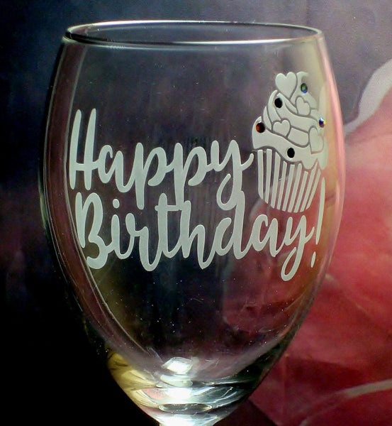 happy birthday with a wine glass Personalized Happy Birthday Wine Glass with Cupcake and Swarovski Spri –  Julies Heart