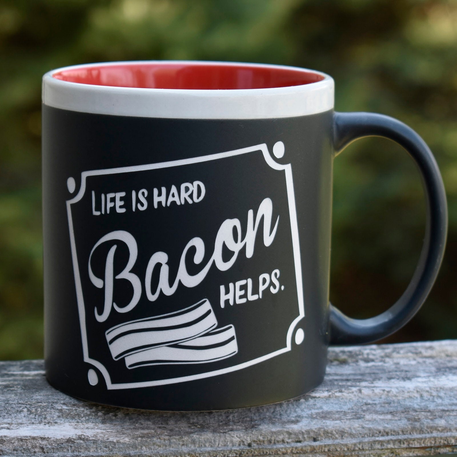 Jumbo Chalkboard Life is Hard Bacon Helps Coffee Mug | Funny Coffee Mug | Bacon Lover Gift | Funny Bacon Gifts | Camper Gift | Camping Gift