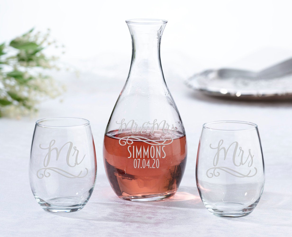 Personalized Wedding Unity Set, Stemless Wine Glass Carafe Set, Unity Ceremony, Wedding Couple Bridal Shower Gift