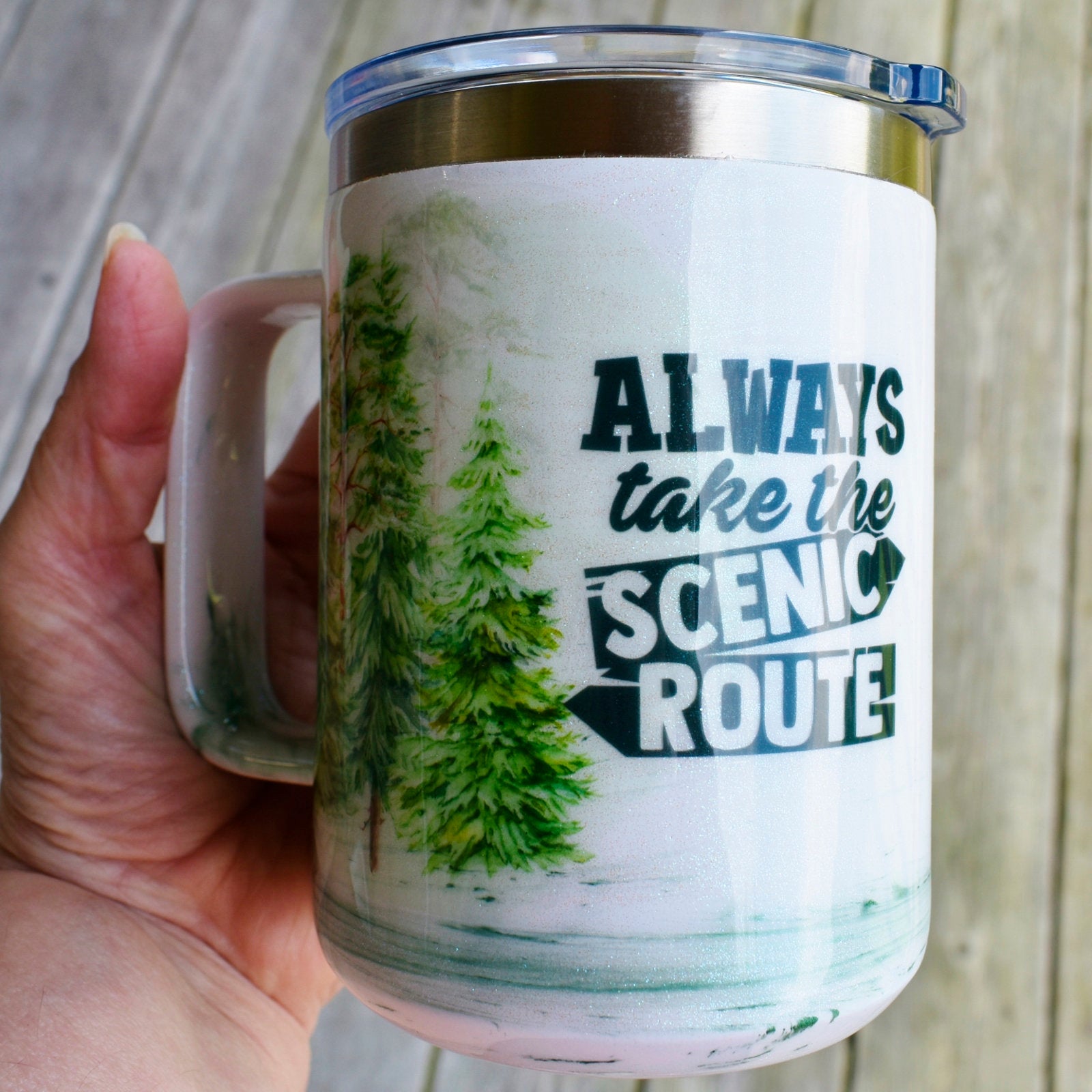 Always Take The Scenic Route Coffee Mug Camping Outdoor Lover Gift Pine Tree Theme Stainless Steel Coffee Mug