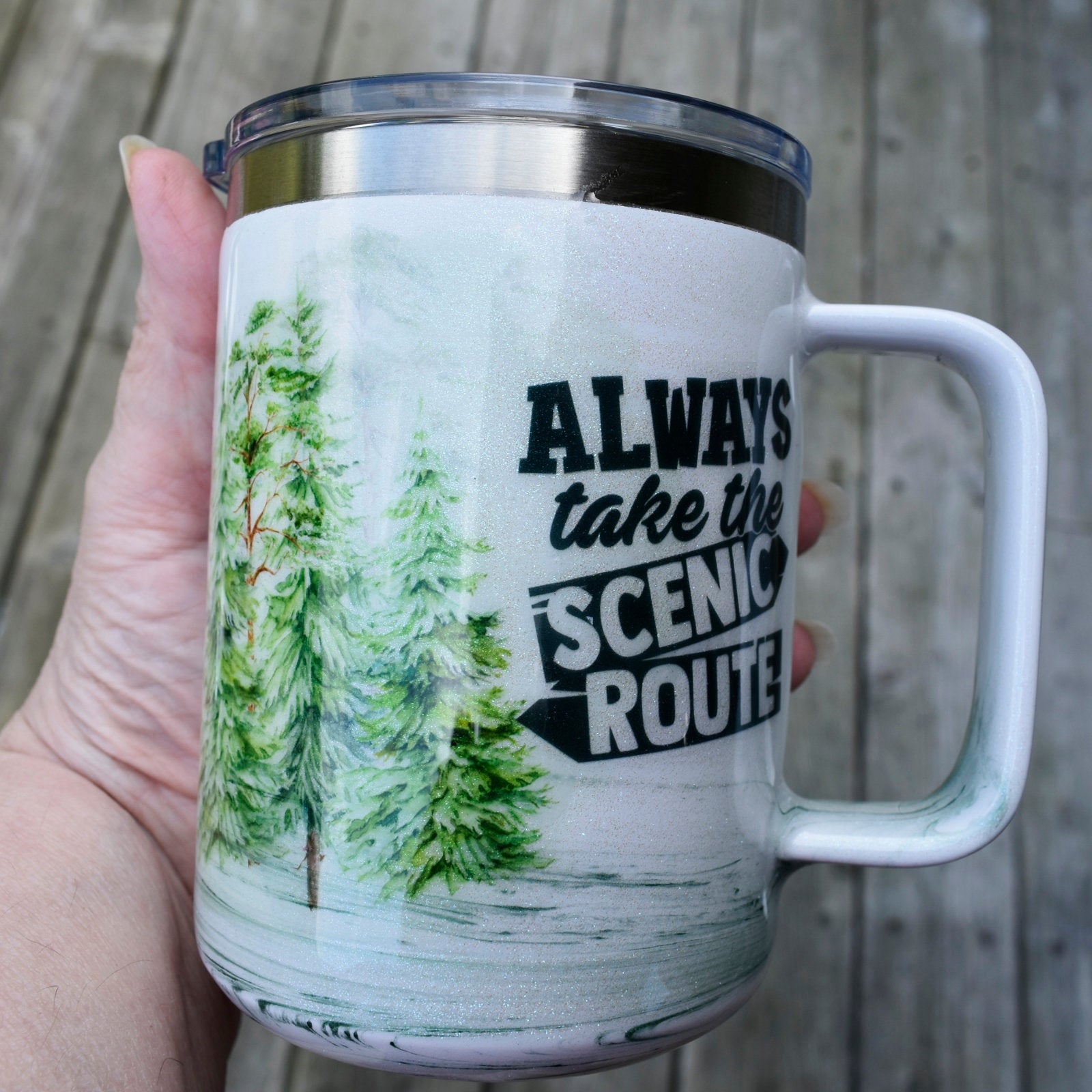 Always Take The Scenic Route Coffee Mug Camping Outdoor Lover Gift Pine Tree Theme Stainless Steel Coffee Mug