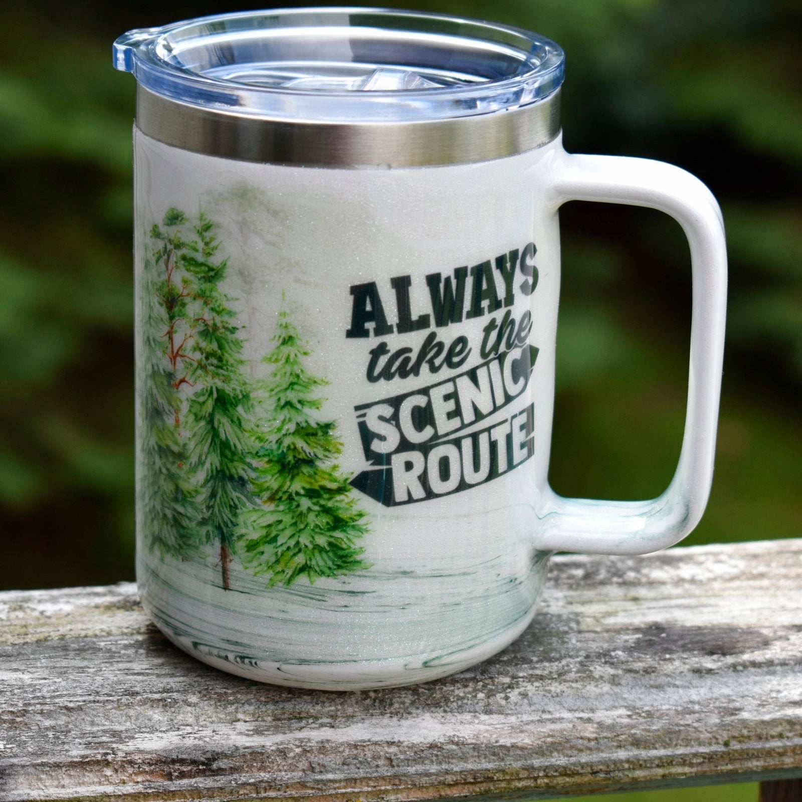 Always Take The Scenic Route Coffee Mug Camping Outdoor Lover Gift Pine Tree Theme Stainless Steel Coffee Mug