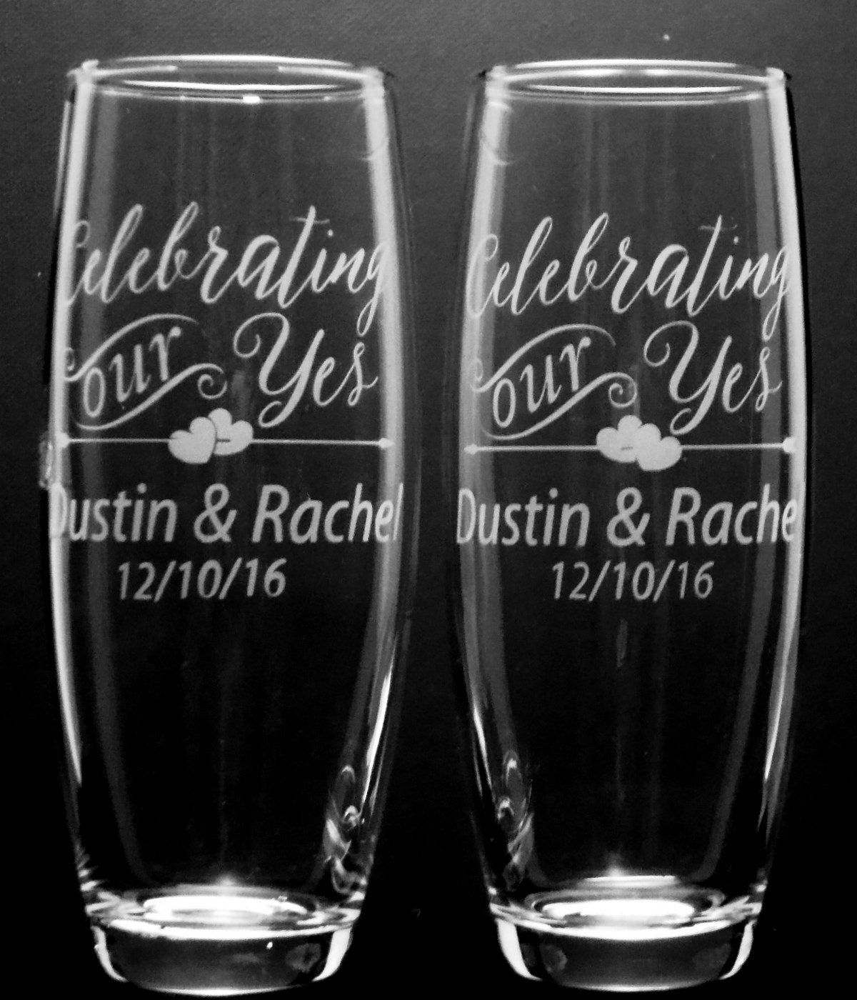 Celebrating our Yes Personalized Stemless Champagne Flutes Wedding Toasting Flutes Bride and Groom Gift Engagement Gift