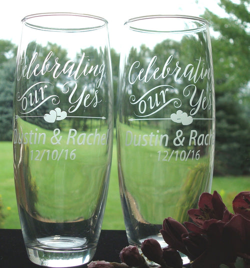 Celebrating our Yes Personalized Stemless Champagne Flutes Wedding Toasting Flutes Bride and Groom Gift Engagement Gift