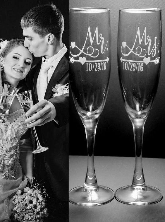 Mr and Mrs Personalized Bridal Shower Arrow and Heart Design Wedding Couple Toasting Flutes Champagne Glasses | Love Theme Wedding Flutes