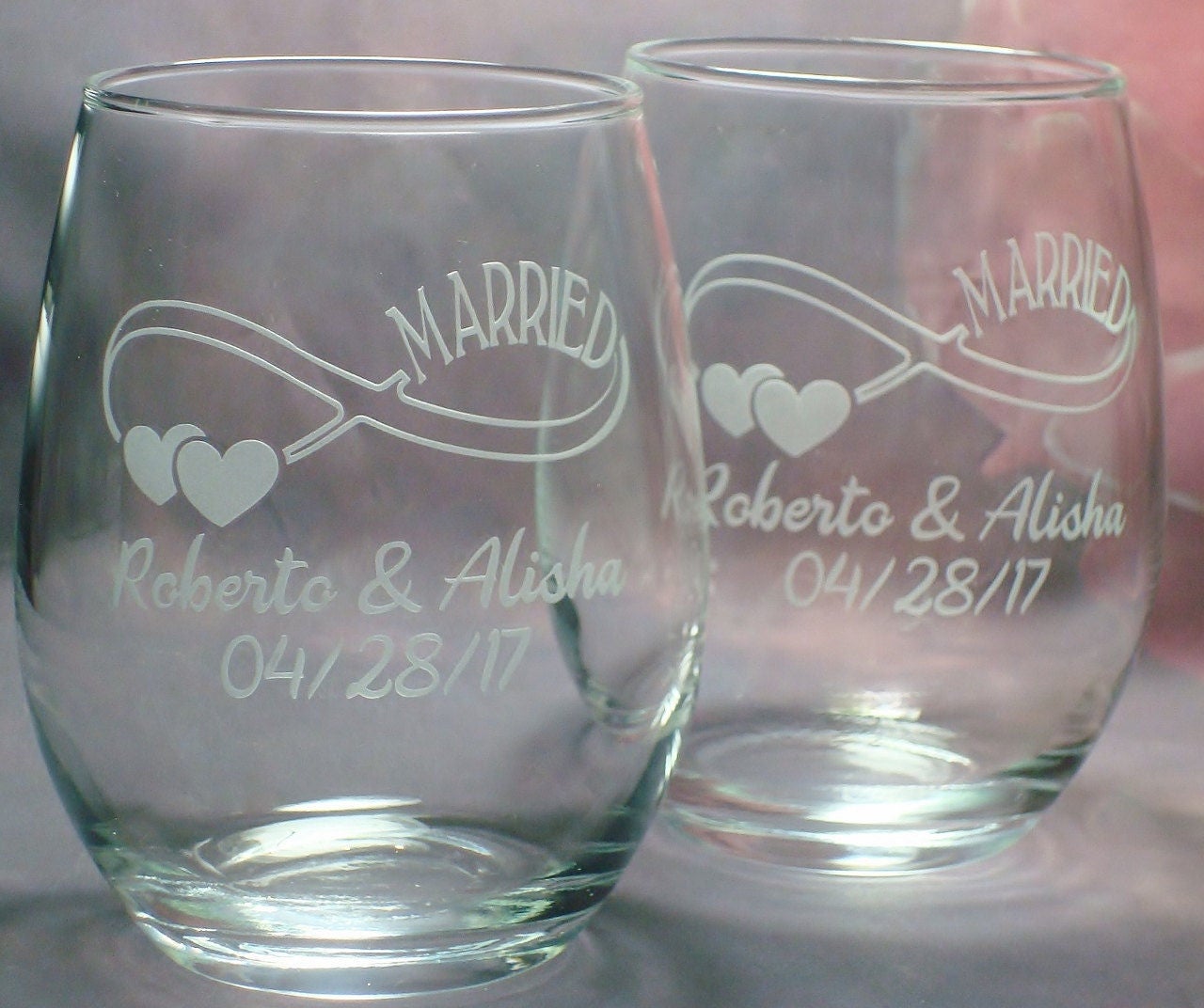 Personalized Bridal Shower Gift Wedding Couple Gift Set of Infinity Symbol Married 15 oz stem less wine glasses