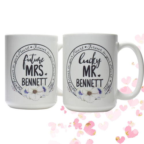 Personalized Engagement Gift Future Mrs Lucky Mr coffee mug set Bridal Shower
