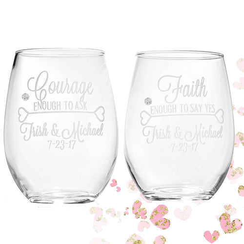 Unique Wedding Couple Gift | Courage Faith Wedding Gift | Wedding Stemless Glasses | Personalized Wedding Gift | Custom Gift Bride Groom