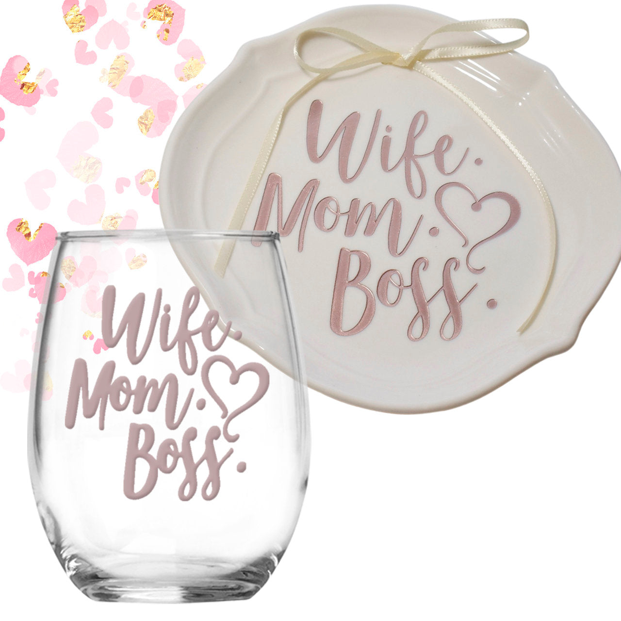 Wife Mom Boss Gift Set | Ring Dish Wine Glass Set | Boss Mom | Gift for Her | Rose Gold | Gift for Mom | Girlfriend Gift | Birthday Gift