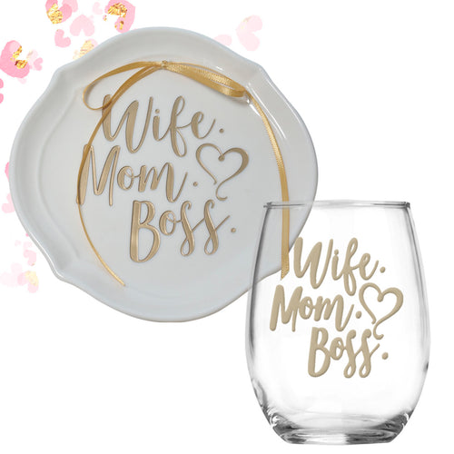 Wife Mom Boss Gift Set | Ring Dish Wine Glass Set | Boss Mom | Gift for Her | Gold Metallic | Gift for Mom | Girlfriend Gift | Birthday Gift