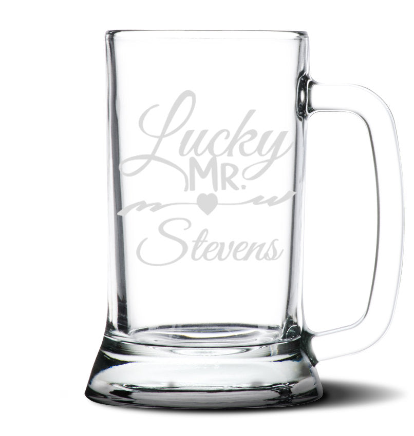 Personalized Future Mrs Lucky Mr 16 oz Glass Beer Mug Stein Engagement Gift Beer Lover Gift Engaged couple gift