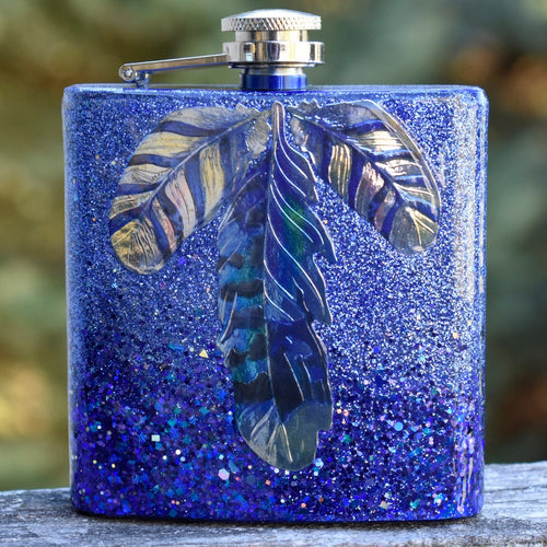 RTS Blue and Silver Glitter Feather Design 6 oz Flask Hip Flask Gift for Him Camping Gift