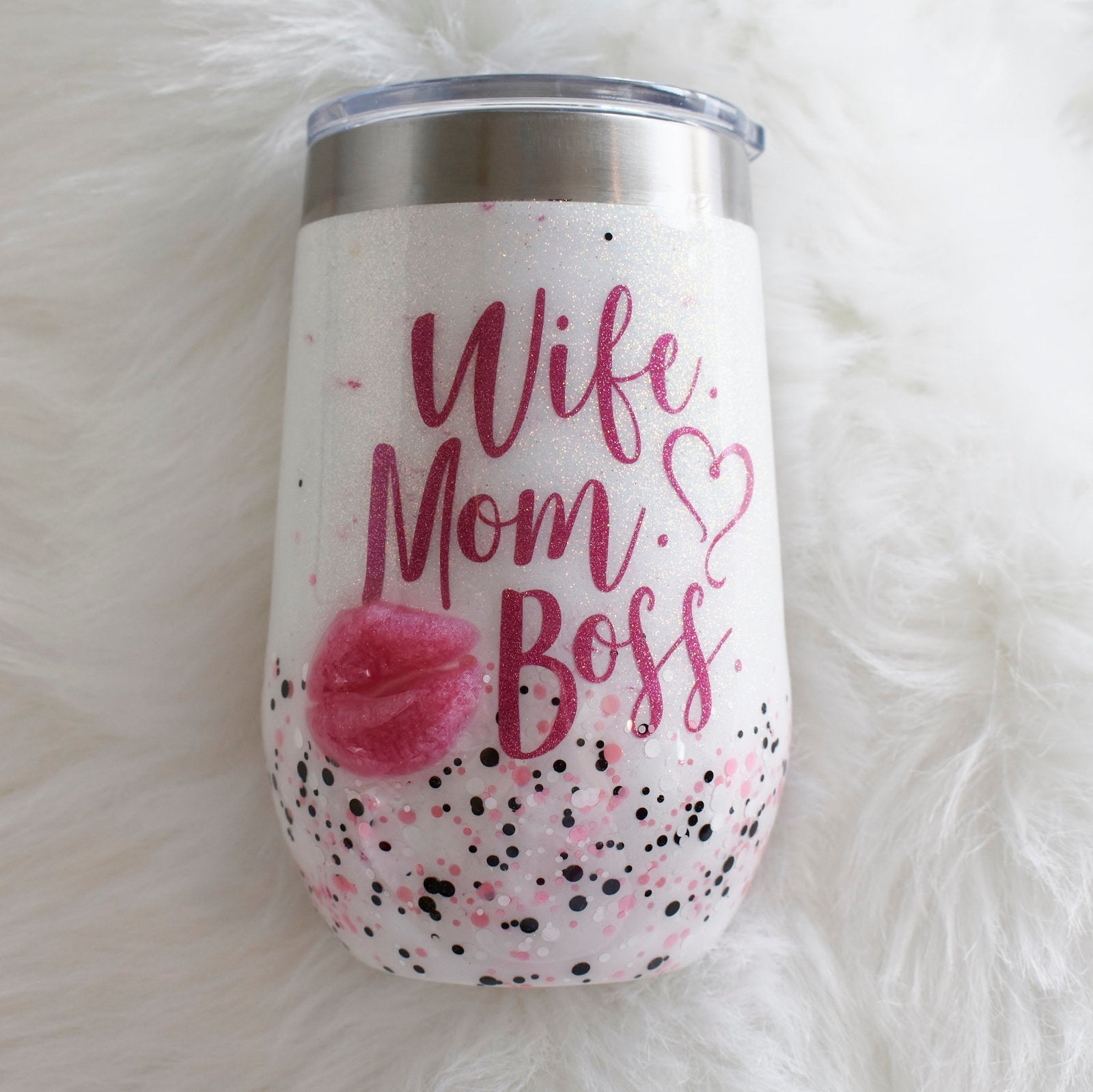 Wife Mom Boss Whimsical glitter confetti 16 oz stainless steel wine glass | stemless wine glass  | gift for Mom | wine lover gift | Mom Love