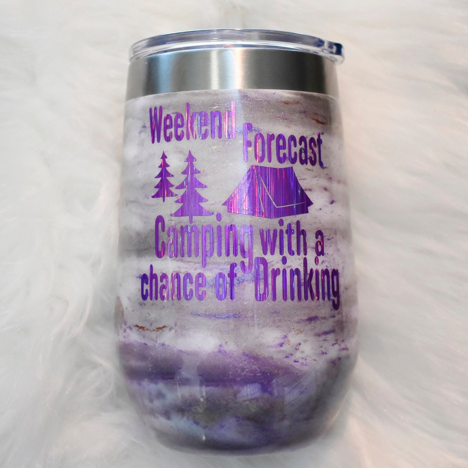 Weekend Forecast Camping glitter mica 16 oz stainless steel wine glass | Camper Gift | Glamper | Wine Lover | Camping Fun | Birthday Wine