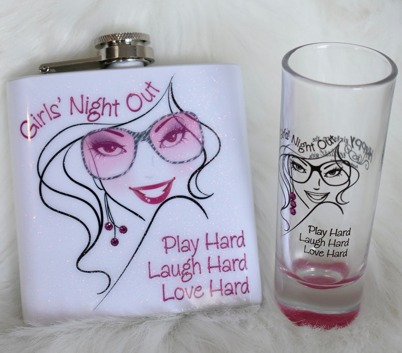 Girls Night Out Bachelorette Party Glitter Flask Shot Glass set Favors Bridesmaid Gifts for Her Girlfriend Weekend