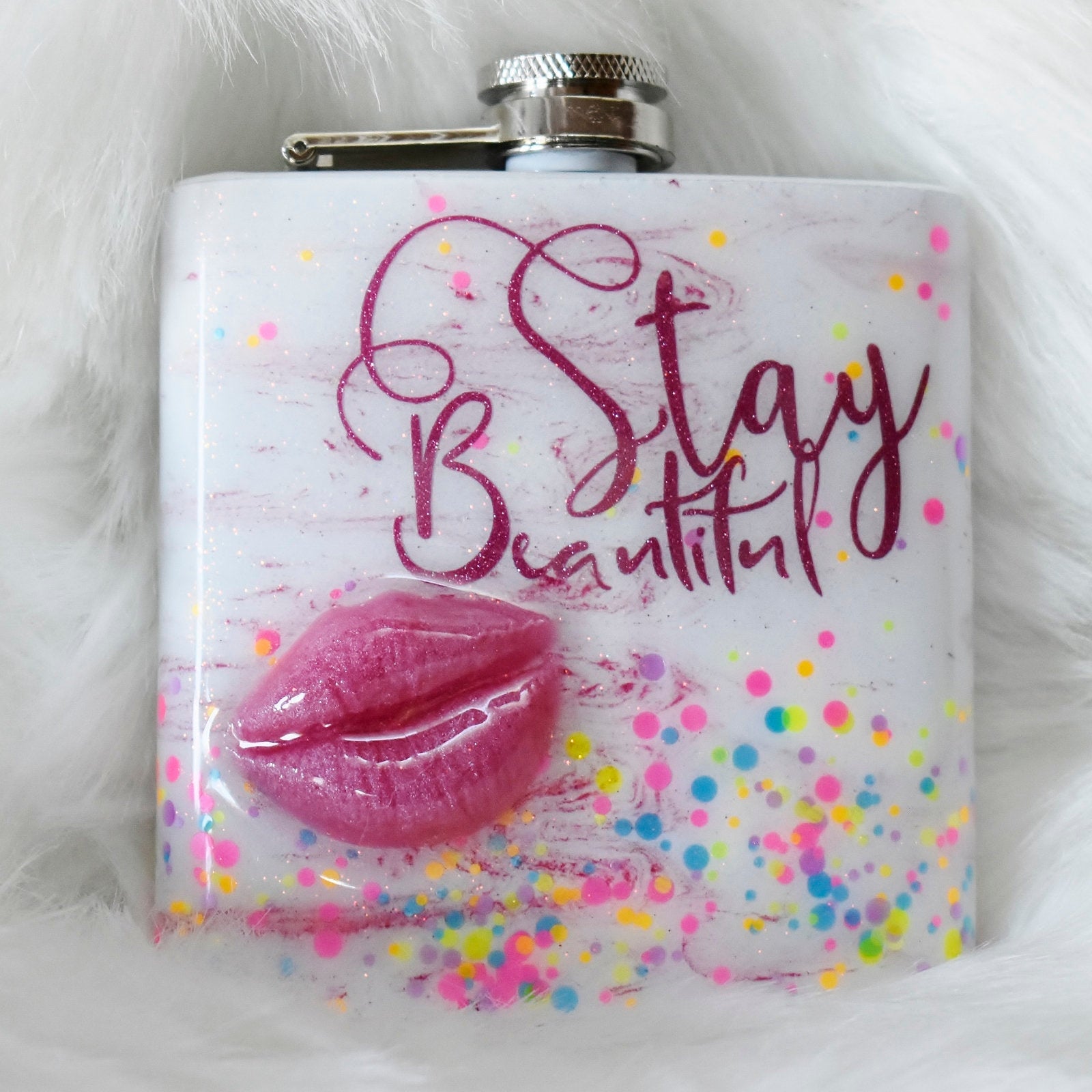 RTS Artistic Stay Beautiful Lips Design 6 oz Glitter Flask | Birthday Gift for Her  | Gift for Bride to Be | Girlfriend Gift | Bachelorette