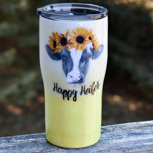 RTS Neon Yellow Glitter Ombre Happy Heifer Sunflower  20 oz Glitter Tumbler | Happy Cow | Cowgirl | Cow Lover | Farm Girl | Cow Tumbler