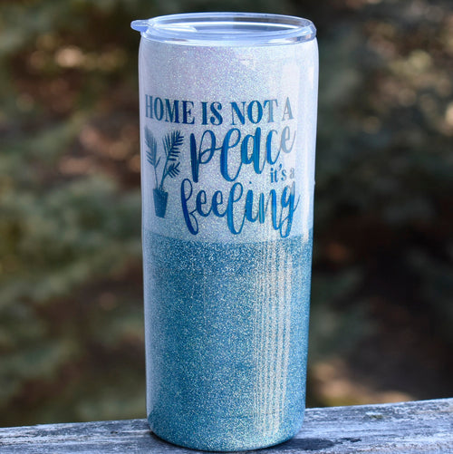 RTS White and Teal 20 oz Glitter Tumbler | Home is not a place its a Feeling | Glitter Tumbler | Housewarming Gift | Realtor Gift |
