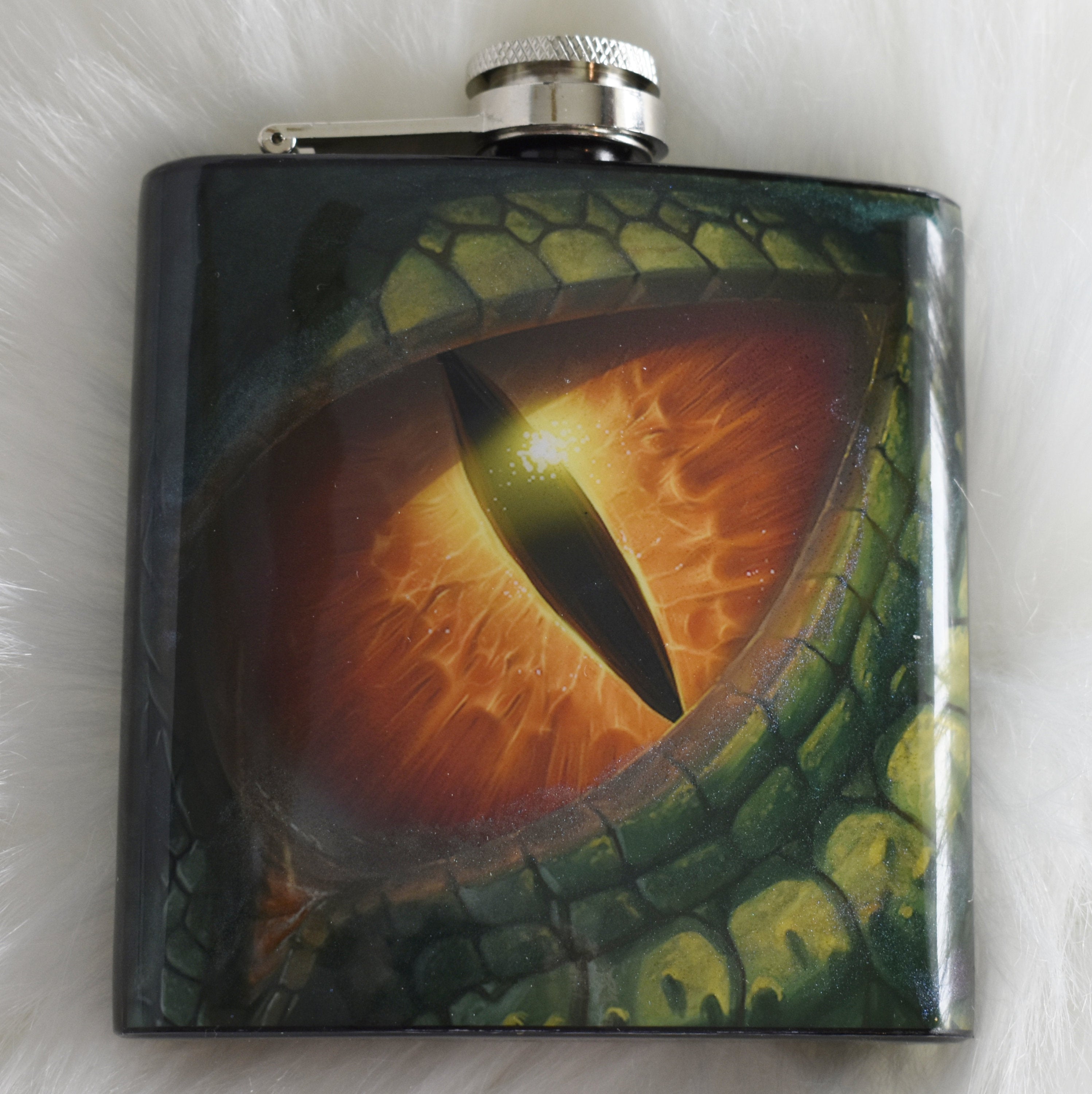 Dragon Eye Design 6 oz Flask Mica Glitter Flask Birthday Gift for Him Hip Flask Reptile Lover Flask for Men