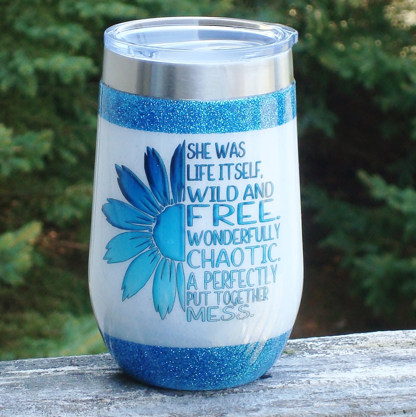 16 oz Teal Sunflower Chaos glitter mica wine stainless steel tumbler Birthday Graduation Gift for her