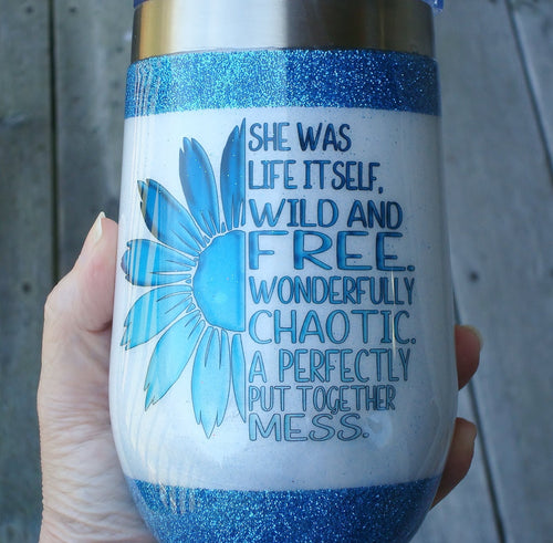 16 oz Teal Sunflower Chaos glitter mica wine stainless steel tumbler Birthday Graduation Gift for her