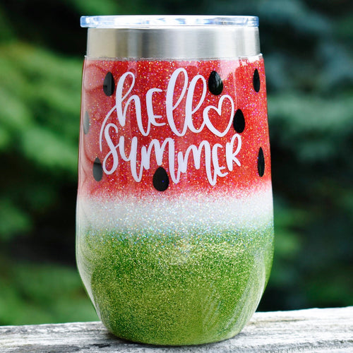 16 oz Hello Summer Watermelon RTS glitter Wine tumbler Birthday Gift for Her