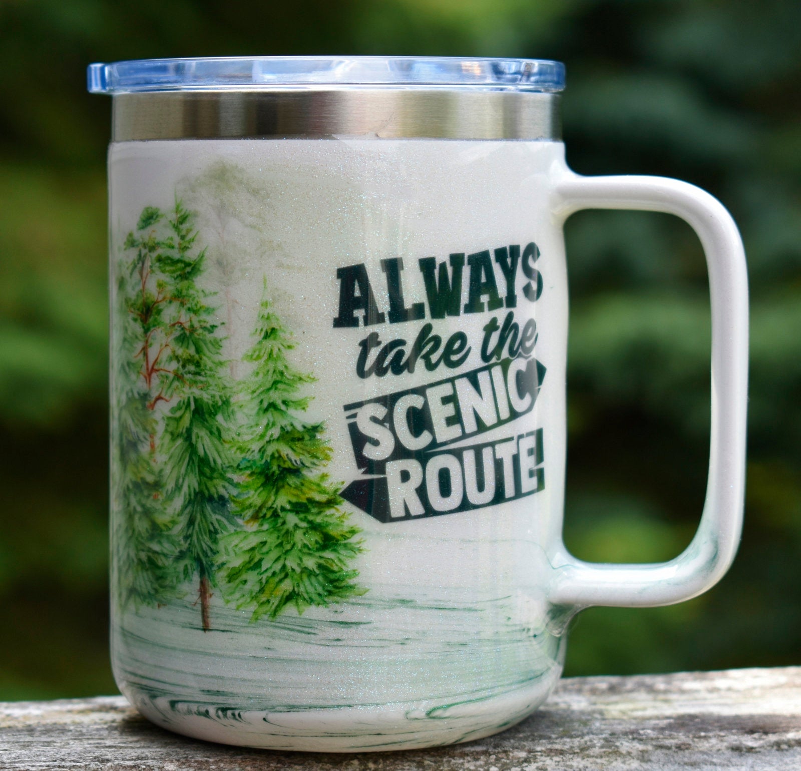 Always Take The Scenic Route Coffee Mug Camping Outdoor Lover Gift Pine Tree Theme Stainless Steel Coffee Mug