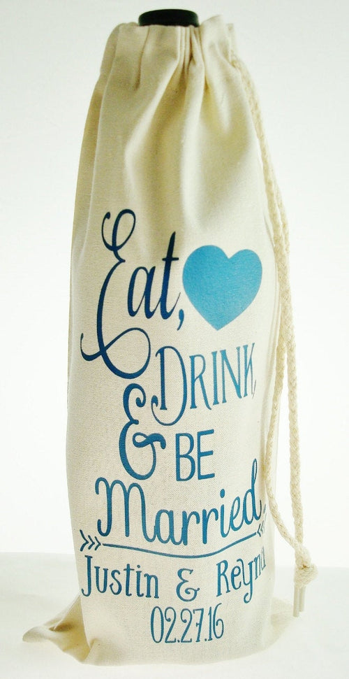 Personalized Cotton Muslin Wedding Theme Eat, Drink and Be Married Liquor or Wine Bag - Choice of 24 Colors | Personalized Wedding Gift