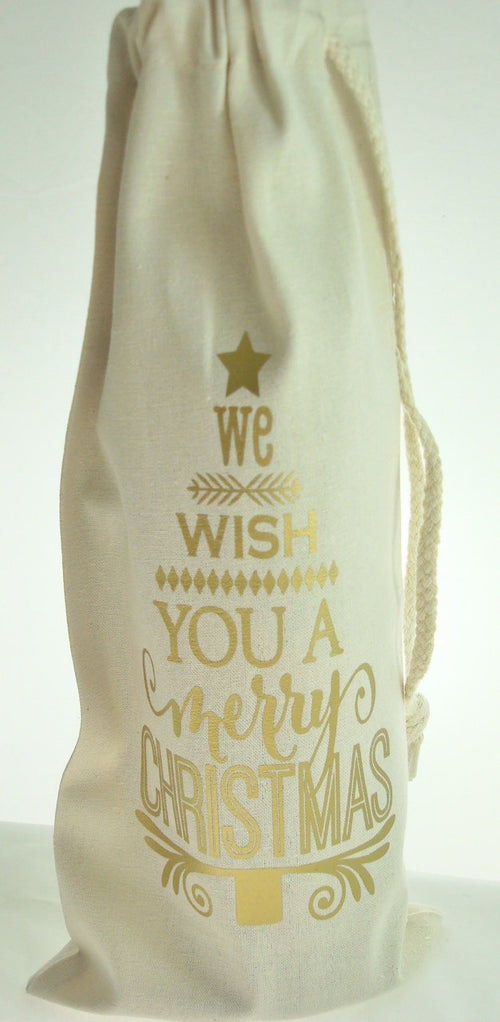We Wish You A Merry Christmas Muslin Wine Bottle Bag with Drawstring - Choice of 24 Colors | Christmas Wine Gift Bag | Christmas Goodie Bag