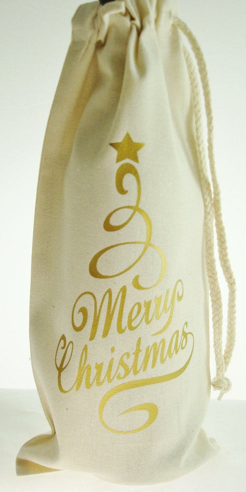 Merry Christmas Gold Wine Bottle Bag with Drawstring -  Hostess Gift Bag | Christmas Goodie Bag | Wine Lover Gift | Coworker Gift | Wine Bag