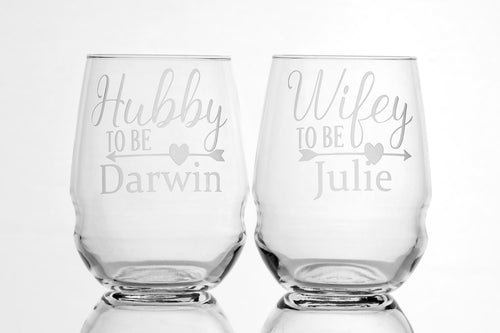 Personalized Hubby and Wifey To Be Bridal Shower Gift Engagement Gift stemless wine glass set